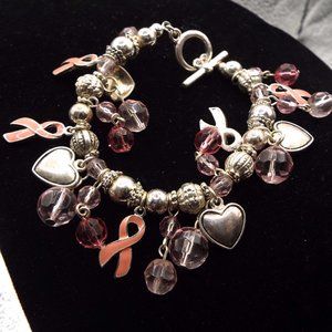 PINK CRYSTALS "BREAST CANCER" RIBBONS & HEARTS 33 CHARM BRACELET 28